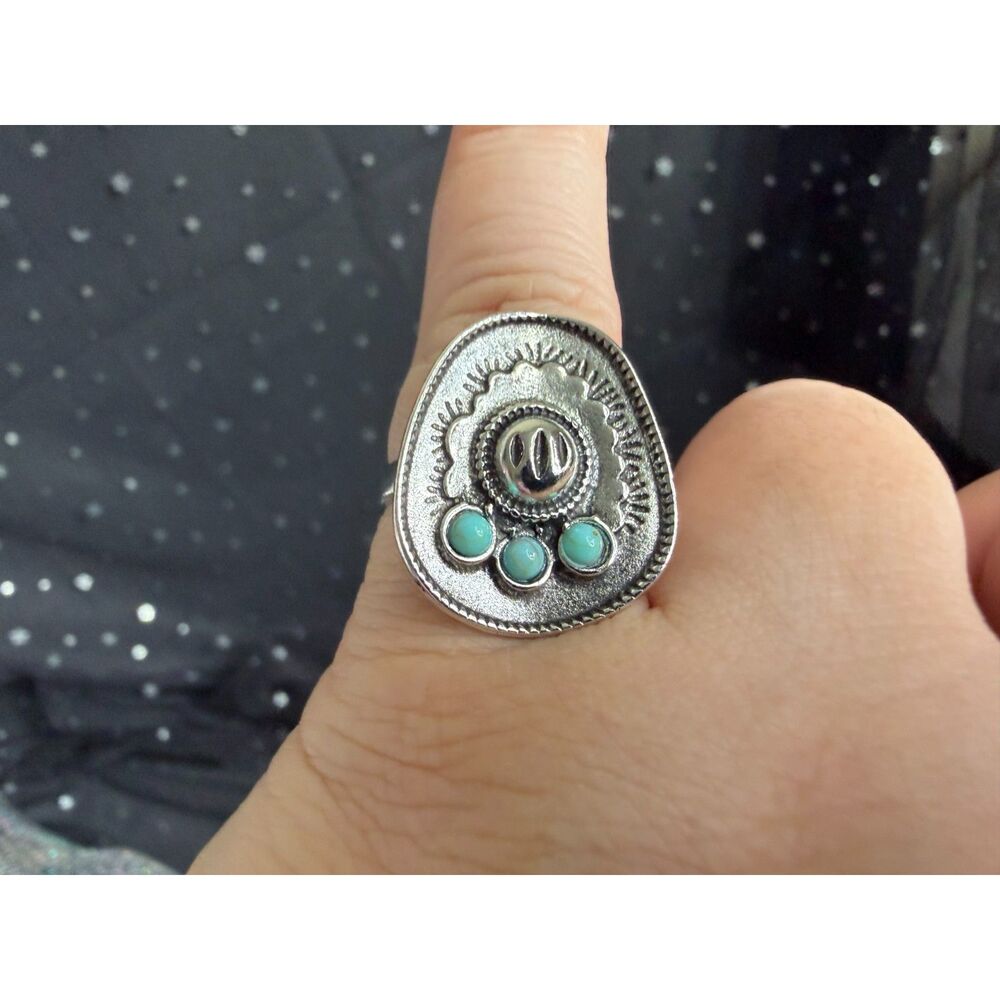 Western Cowboy Hat Ring Size 6.5, Silver Tone Turquoise Look Statement Ring